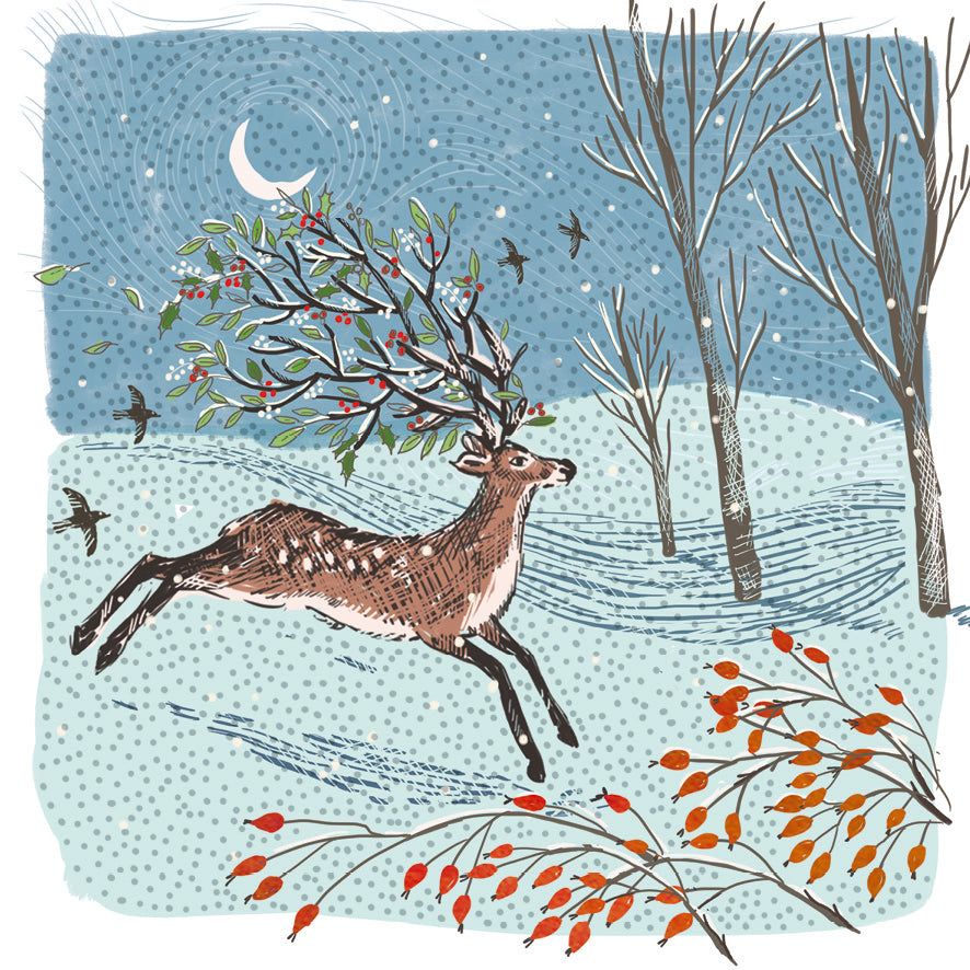 Holly Branch & Dotty Stag Christmas Card Pack of 10