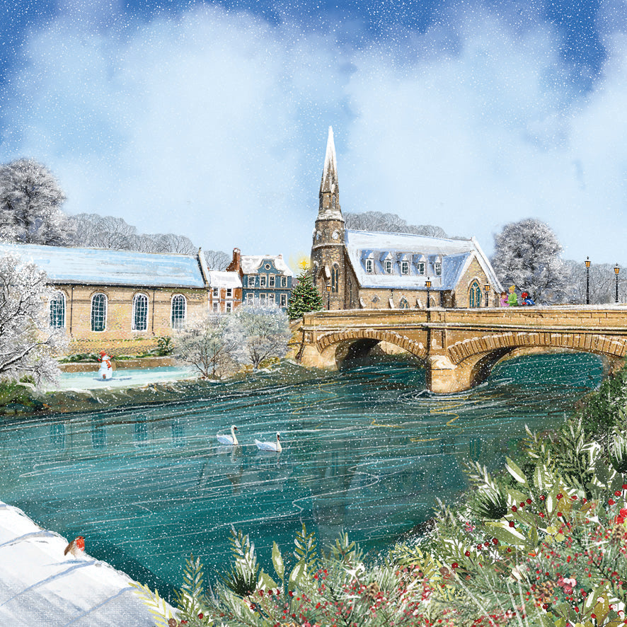 Christmas Shopping in Morpeth & Snowfall on Morpeth Bridge Christmas Card Pack of 10