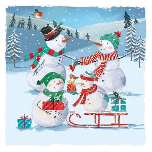 Sledding Snowmen & Post Box Robin Christmas Card Pack of 10