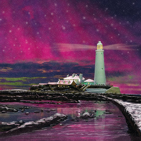 St Mary's Lighthouse by Starlight & Winter Waves on Longsands Beach Christmas Card Pack of 10