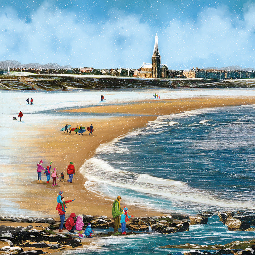 St Mary's Lighthouse by Starlight & Winter Waves on Longsands Beach Christmas Card Pack of 10