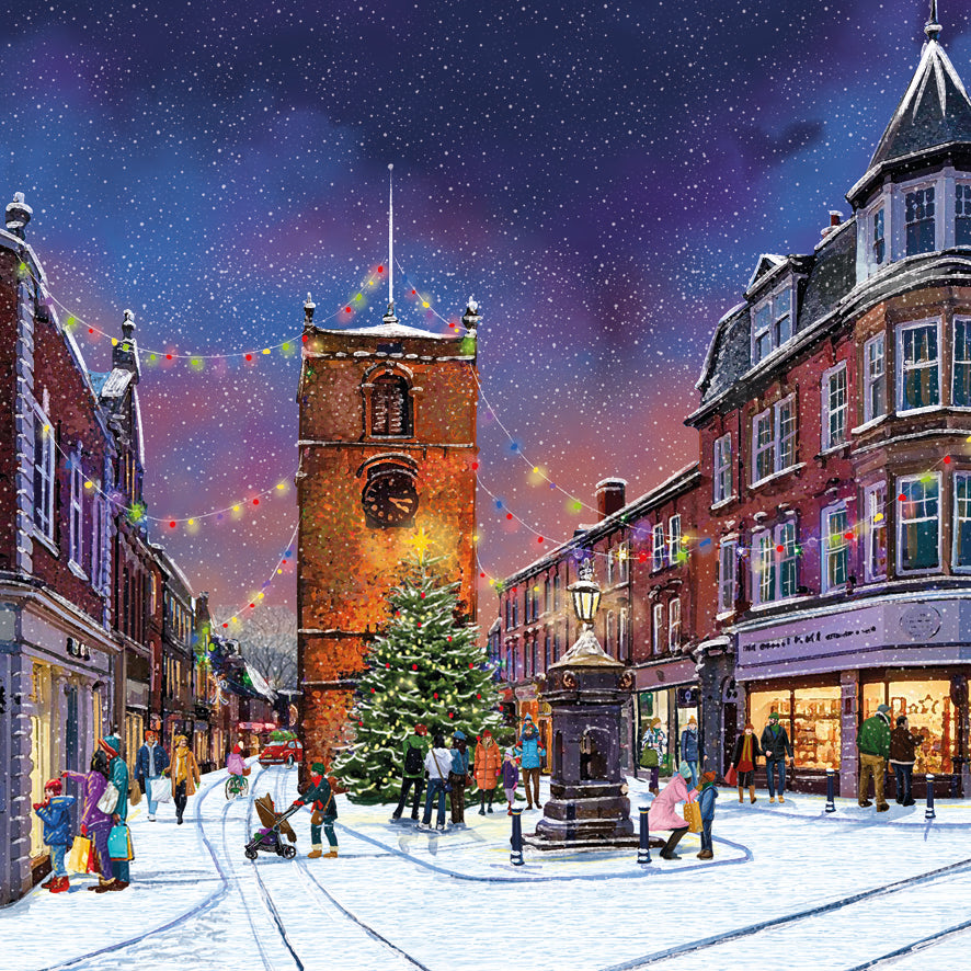 Christmas Shopping in Morpeth & Snowfall on Morpeth Bridge Christmas Card Pack of 10